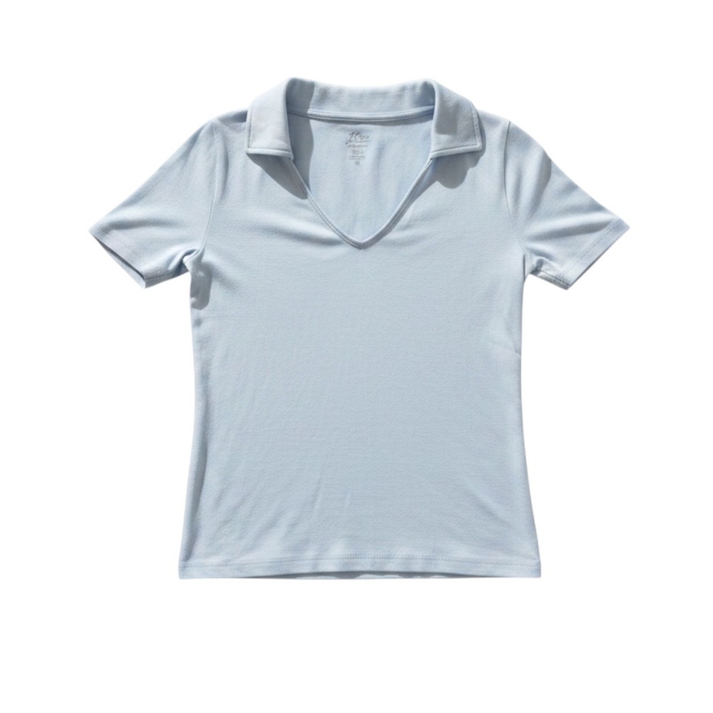 J.Crew Perfect Fit V-Neck Polo Shirt Womens Small Light Blue Short Sleeve Cotton